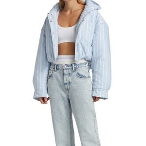 Alexander Wang Cropped Oxford Puffer Jacket Bubble Hem Light Blue - Size XS